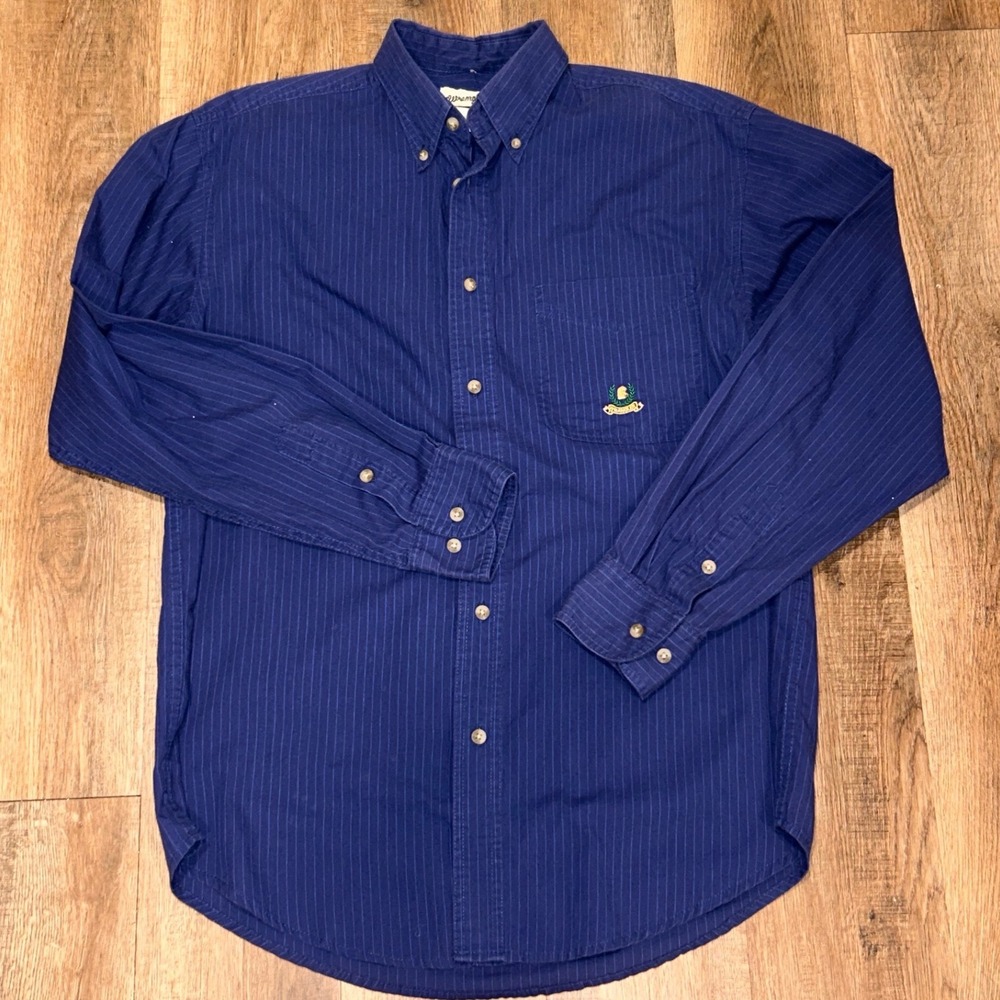 Wrangler Riata Mens Blue Pinstripe Button Down Shirt Horse Crest Logo Medium